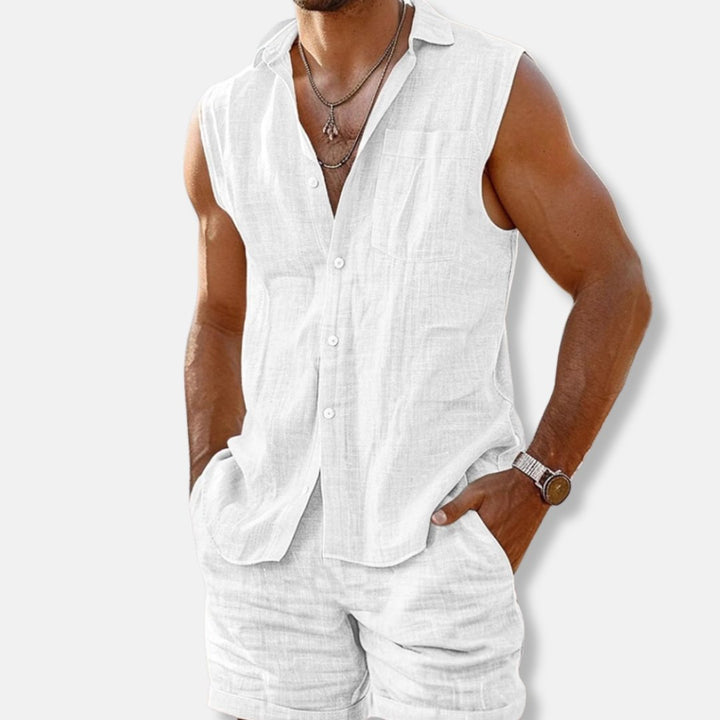 Men's Sleeveless Button-Down Linen-Look Shirt Shorts Set - White