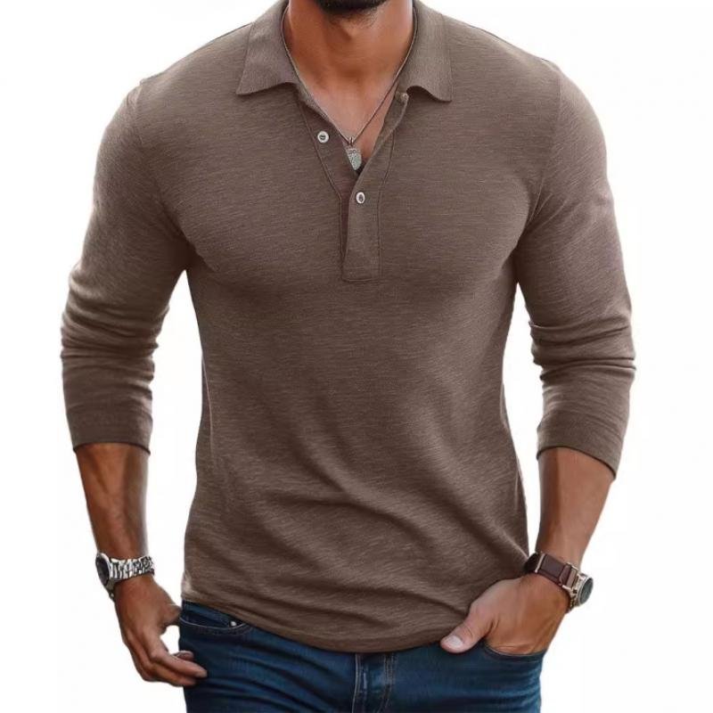 Men's Slim Fit Long Sleeve Satin-Smooth Knit Polo Shirt - Camel