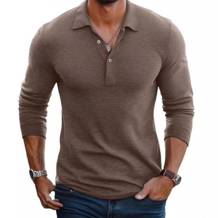 Men's Slim Fit Long Sleeve Satin-Smooth Knit Polo Shirt - Camel