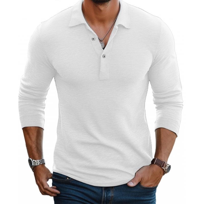 Men's Slim Fit Long Sleeve Satin-Smooth Knit Polo Shirt - White