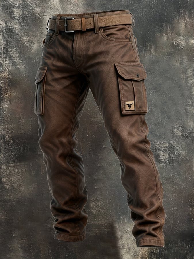 Men's Slim Tapered-Fit Cargo Pants Bull Patch Side Pockets - Braun