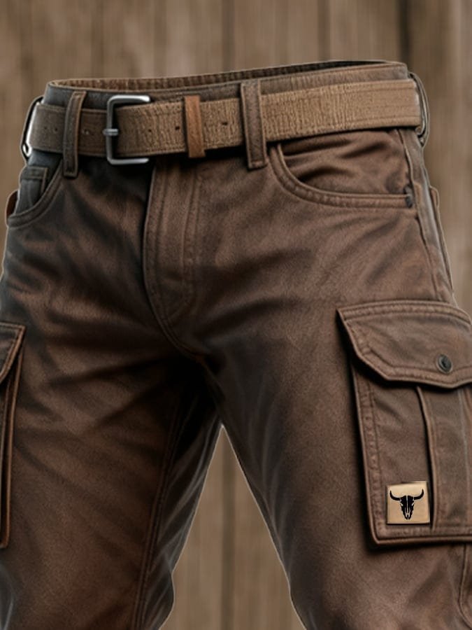 Men's Slim Tapered-Fit Cargo Pants Bull Patch Side Pockets