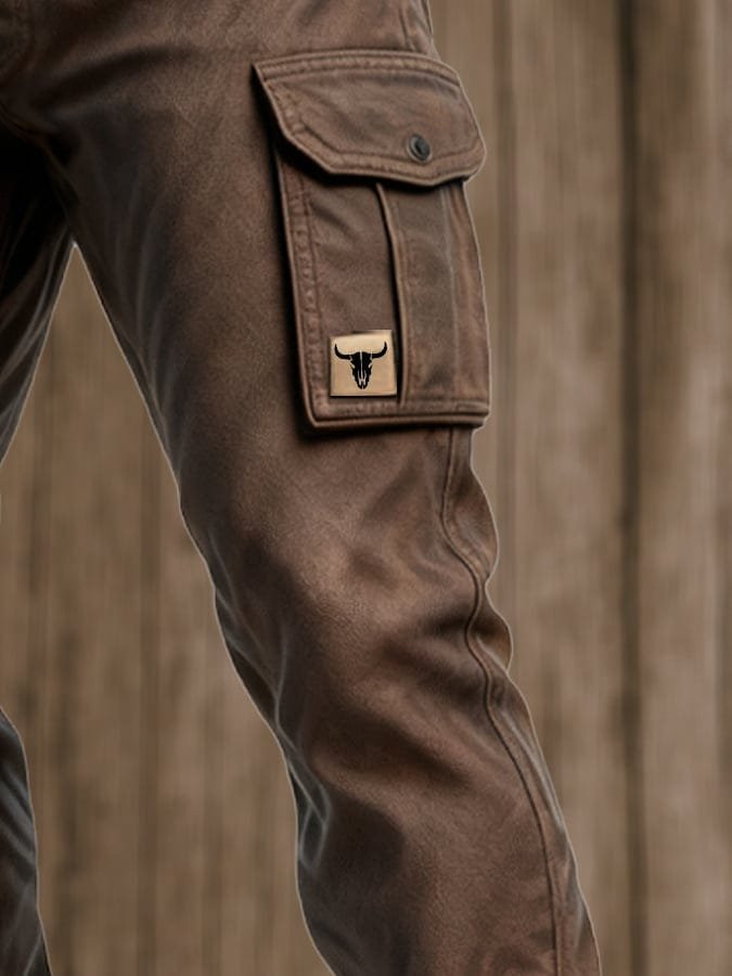 Men's Slim Tapered-Fit Cargo Pants Bull Patch Side Pockets