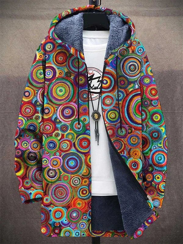 Unisex Fleece-Lined Hooded Zip-Up Psychedelic Circle-Print Jacket - Multicolor