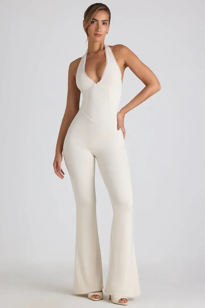 Women’s Backless Halter Flare-Leg Jumpsuit