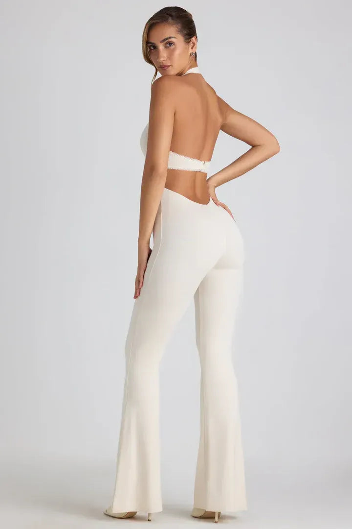 Women’s Backless Halter Flare-Leg Jumpsuit