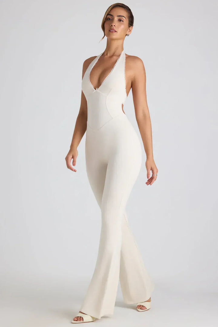 Women’s Backless Halter Flare-Leg Jumpsuit