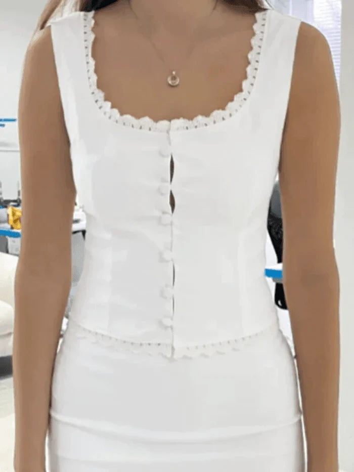 Women's Vintage Tank Top - Lace-Trim Button-Front