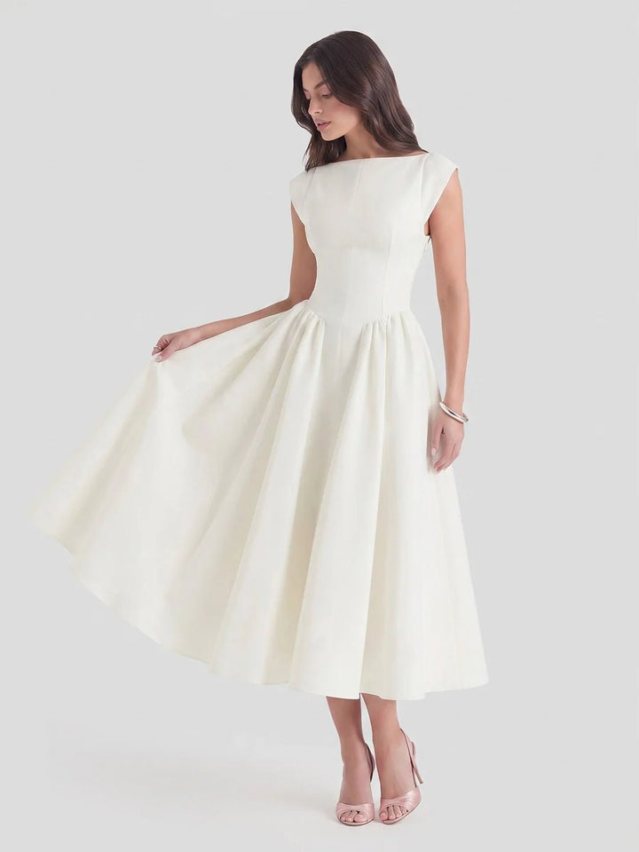 Women's 1950s-Inspired Bateau Neck Full Skirt Satin Midi Dress