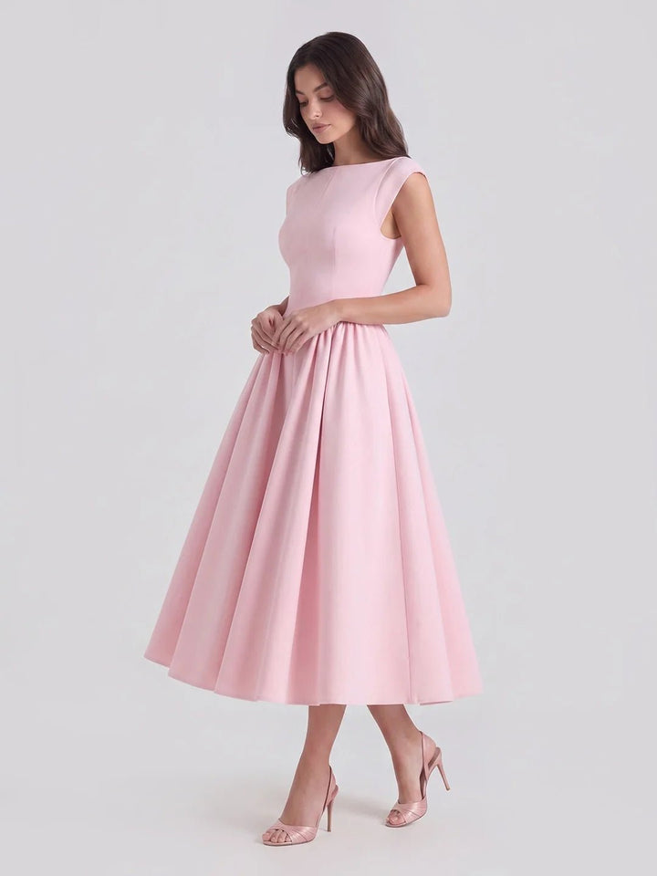 Women's 1950s-Inspired Bateau Neck Full Skirt Satin Midi Dress - Soft Pink