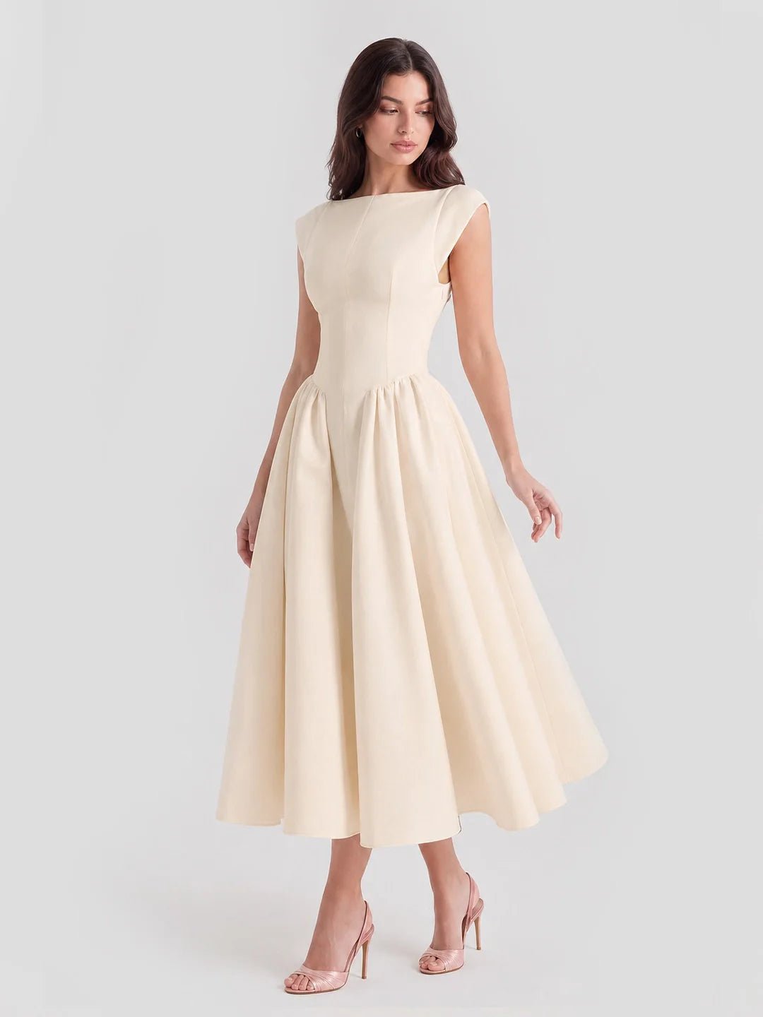Women's 1950s-Inspired Bateau Neck Full Skirt Satin Midi Dress - Beige