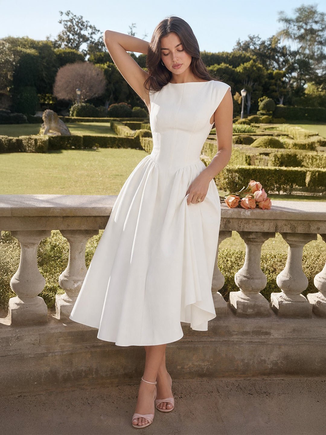 Women's 1950s-Inspired Bateau Neck Full Skirt Satin Midi Dress