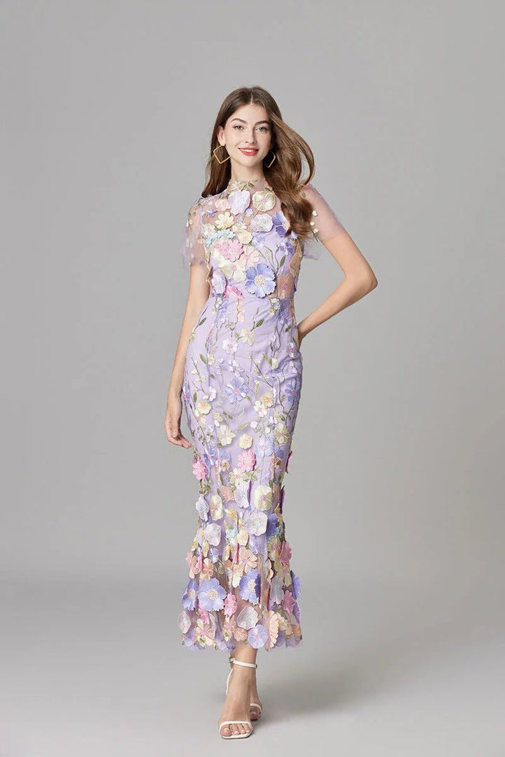 Women's 3D Floral Appliqué Sheer Mesh Sleeveless Column Maxi Dress