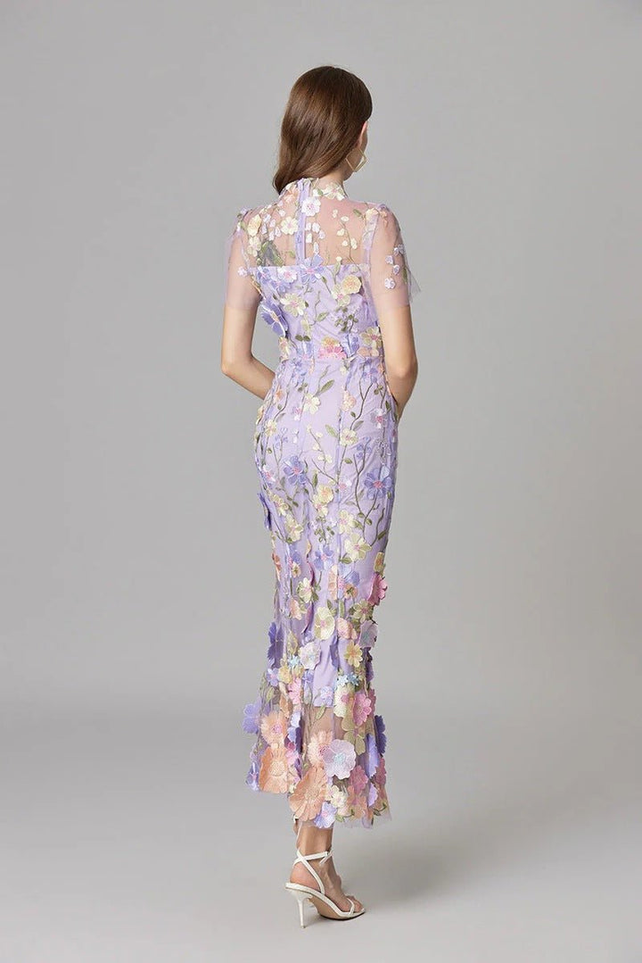 Women's 3D Floral Appliqué Sheer Mesh Sleeveless Column Maxi Dress