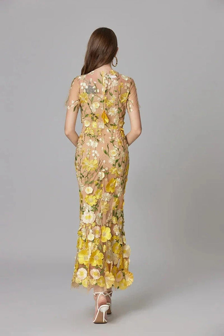 Women's 3D Floral Appliqué Sheer Mesh Sleeveless Column Maxi Dress