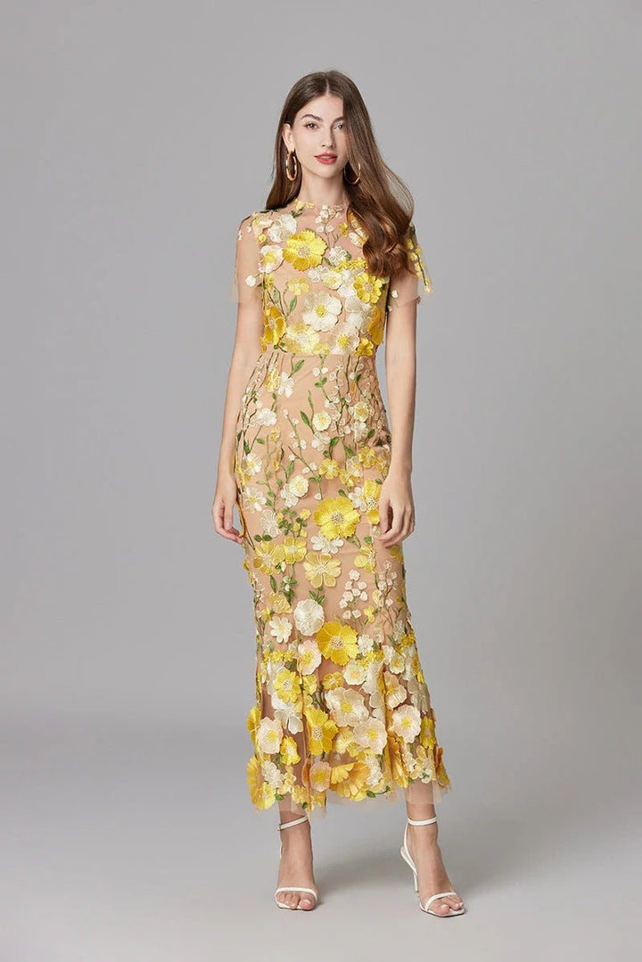Women's 3D Floral Appliqué Sheer Mesh Sleeveless Column Maxi Dress