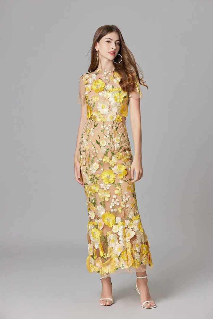 Women's 3D Floral Appliqué Sheer Mesh Sleeveless Column Maxi Dress