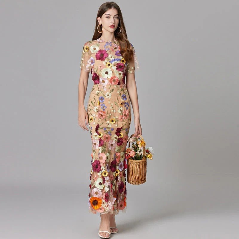 Women's 3D Floral Appliqué Sheer Mesh Sleeveless Column Maxi Dress - Beige