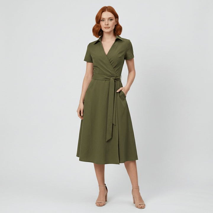 Women's A-Line Wrap V-Neck Short Sleeve Midi Dress - Olive Green