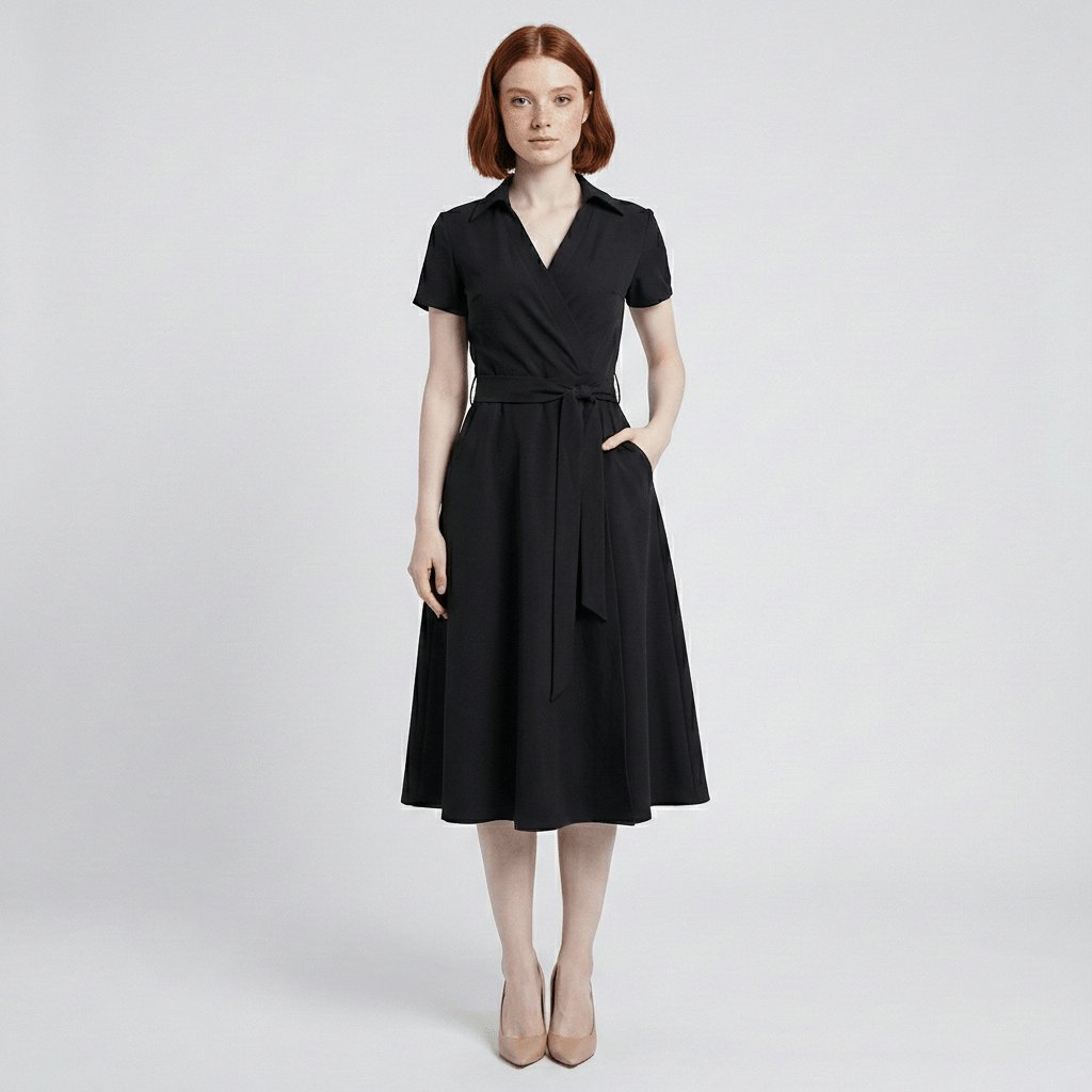 Women's A-Line Wrap V-Neck Short Sleeve Midi Dress - Deep Black