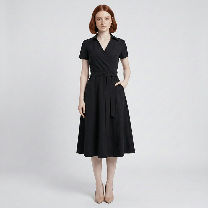 Women's A-Line Wrap V-Neck Short Sleeve Midi Dress - Deep Black