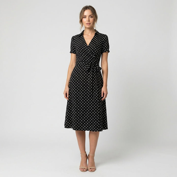 Women's A-Line Wrap V-Neck Short Sleeve Midi Dress - Spotty Multicolour