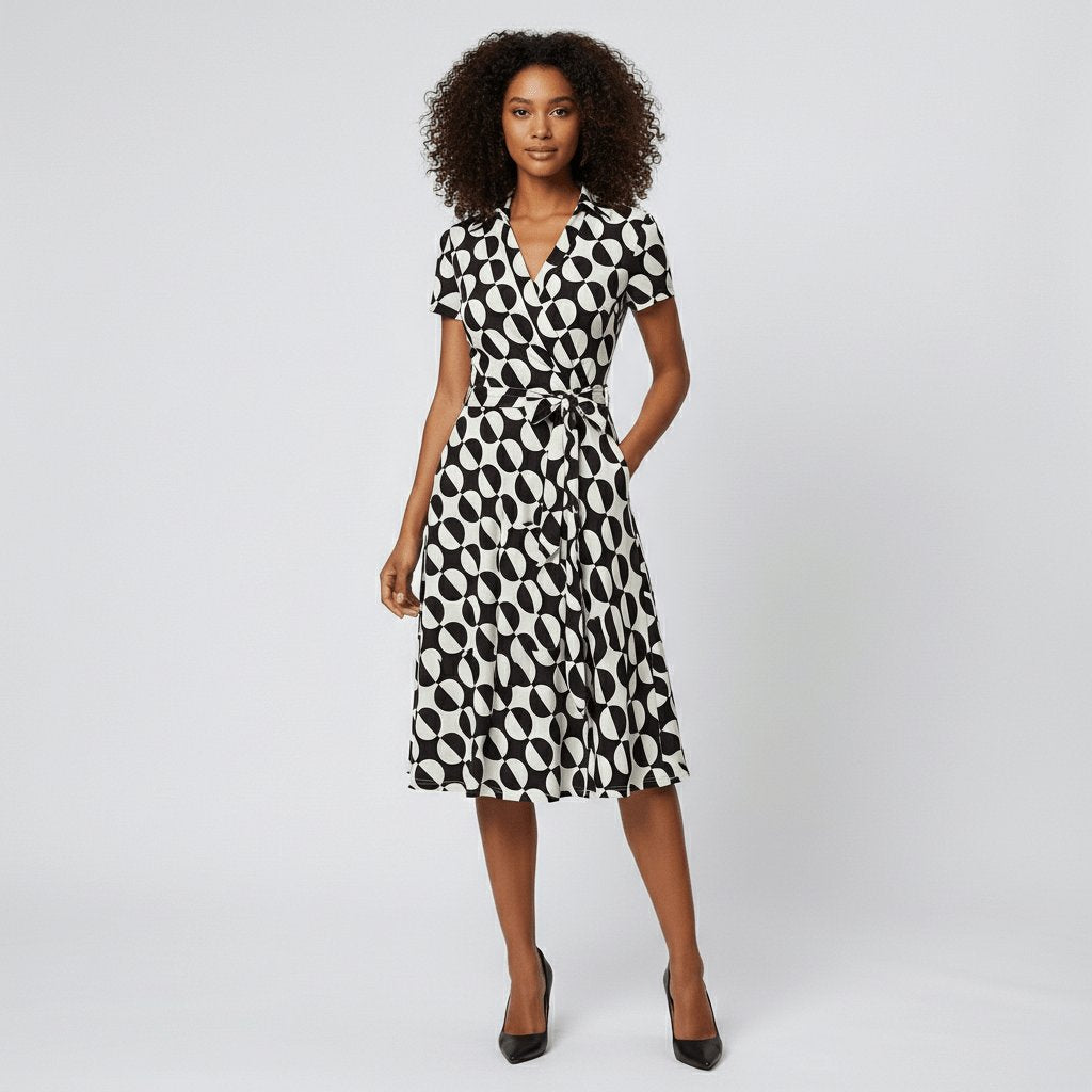 Women's A-Line Wrap V-Neck Short Sleeve Midi Dress - Geometric Multicolour