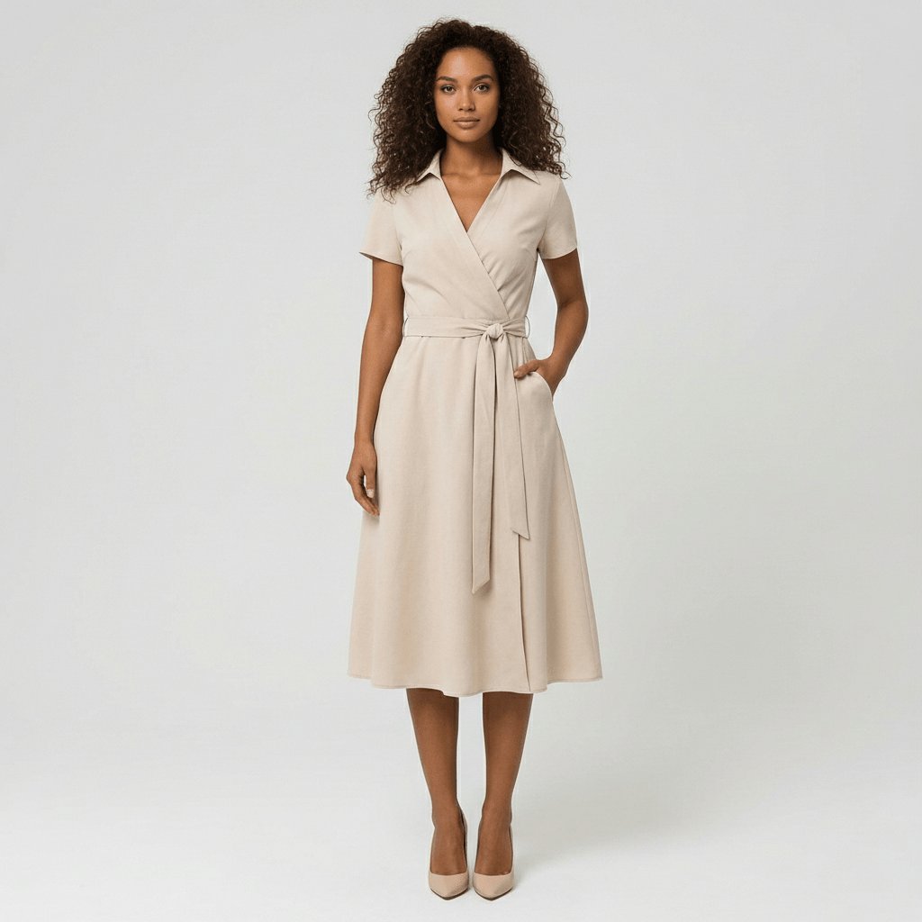 Women's A-Line Wrap V-Neck Short Sleeve Midi Dress - Pale Beige