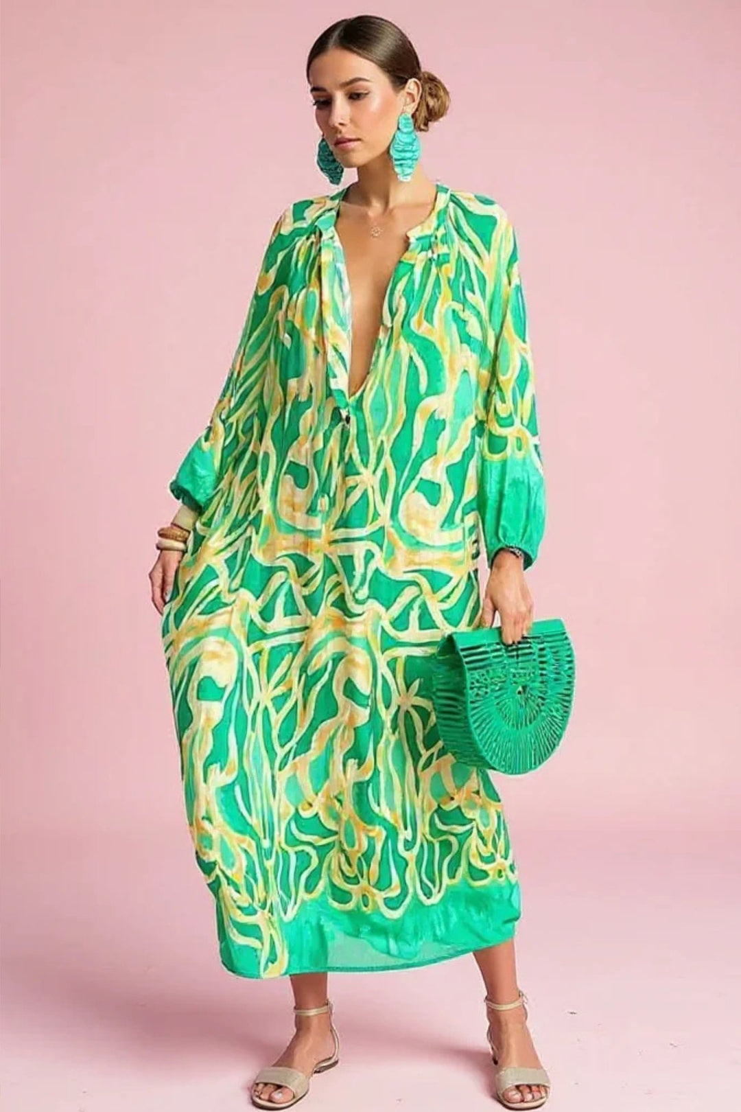 Women's Abstract Print V-Neck Relaxed Kaftan Maxi Dress - Green