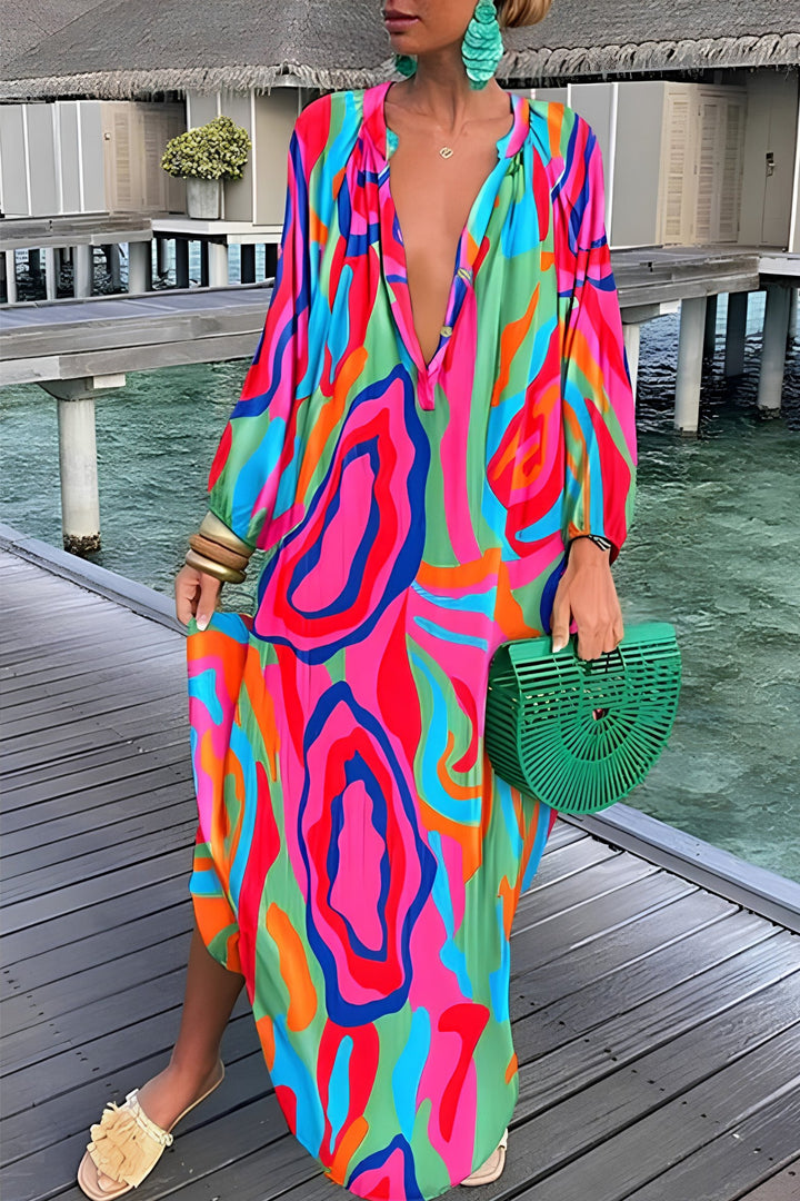Women's Abstract Print V-Neck Relaxed Kaftan Maxi Dress - Pink