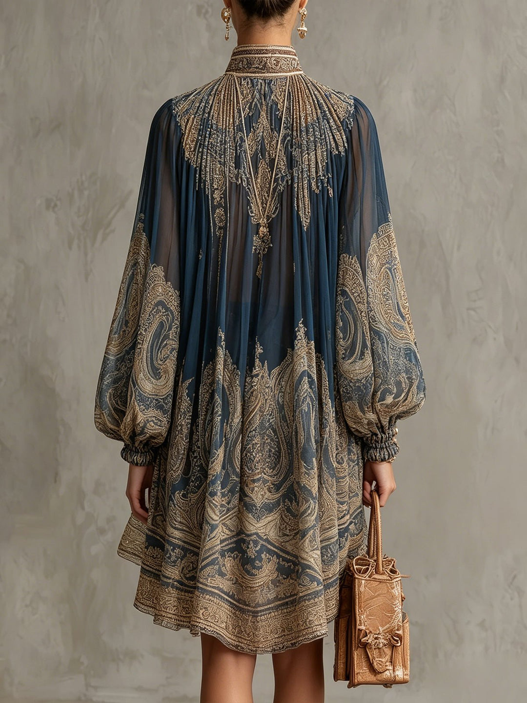 Women's Baroque Print Chiffon High-Neck Asymmetric Flowy Mini Dress