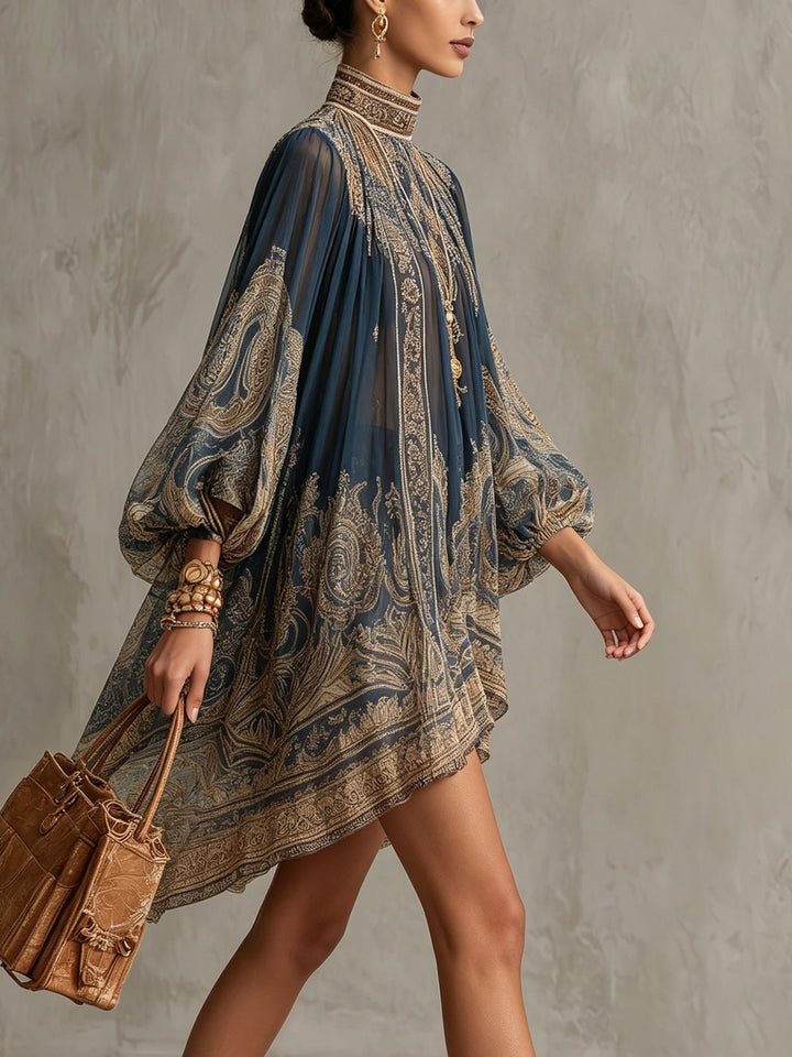 Women's Baroque Print Chiffon High-Neck Asymmetric Flowy Mini Dress