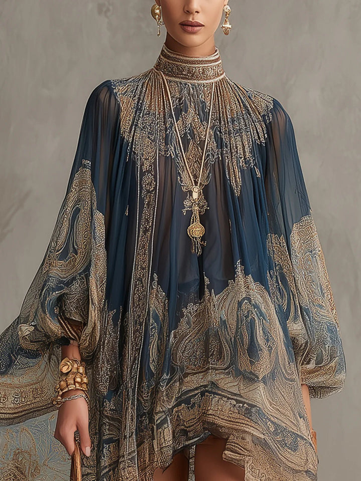 Women's Baroque Print Chiffon High-Neck Asymmetric Flowy Mini Dress