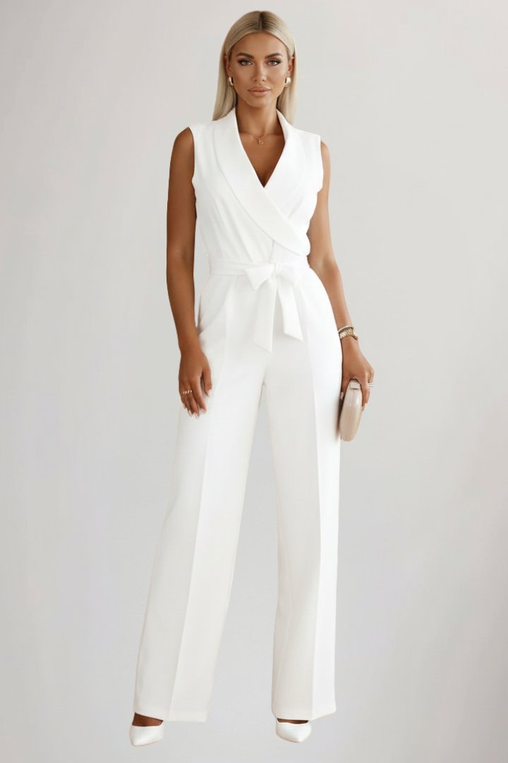 Women's Blazer-Collar Tie-Waist Wide-Leg Jumpsuit - White