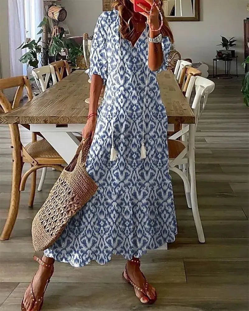 Women's Bohemian Geometric-Print V-Neck Maxi Dress - Blue