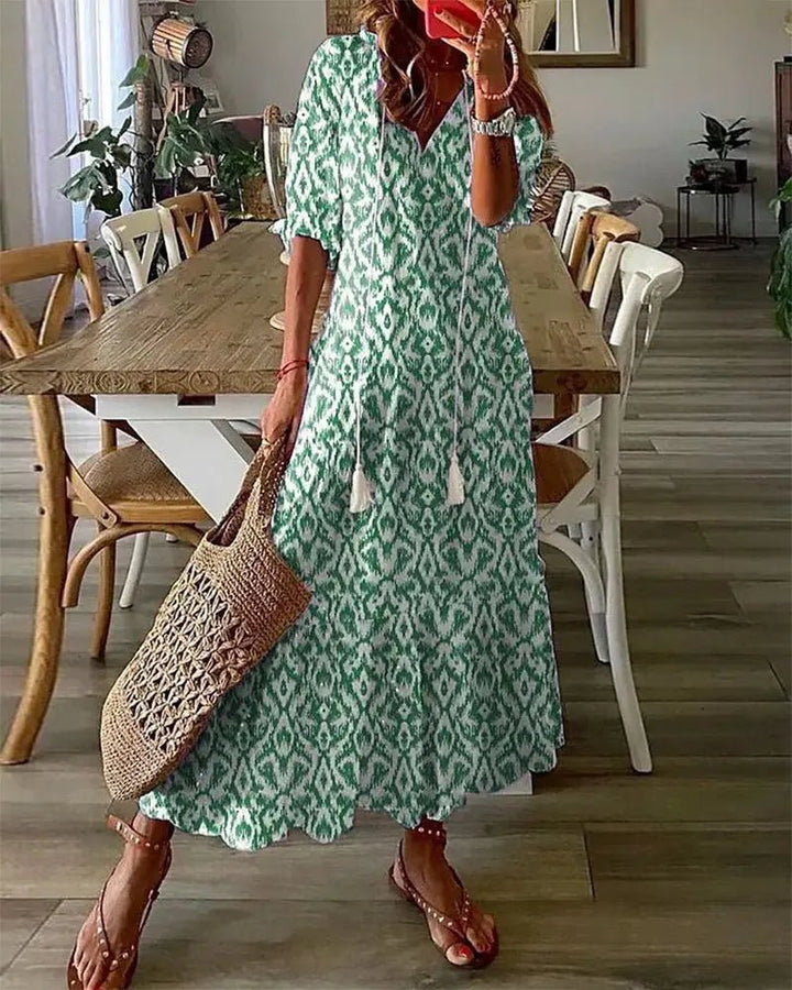 Women's Bohemian Geometric-Print V-Neck Maxi Dress - Green