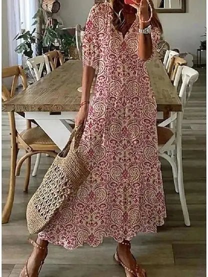 Women's Bohemian Geometric-Print V-Neck Maxi Dress - Red