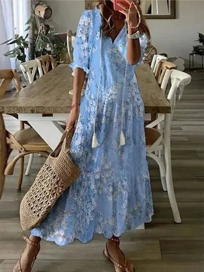 Women's Bohemian Geometric-Print V-Neck Maxi Dress - Light Blue