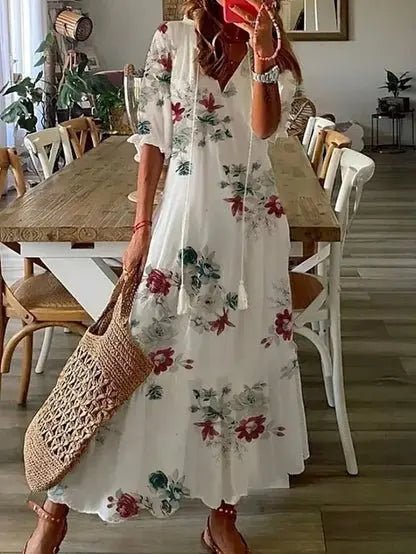 Women's Bohemian Geometric-Print V-Neck Maxi Dress - White