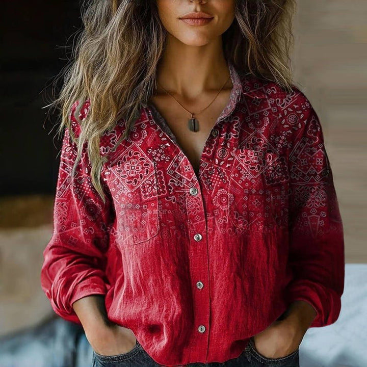Women's Bohemian Paisley Print Button-Down Long Sleeve Blouse - Red
