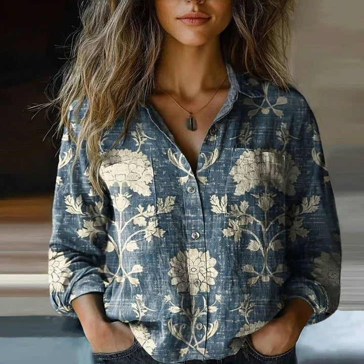 Women's Bohemian Paisley Print Button-Down Long Sleeve Blouse - Blue