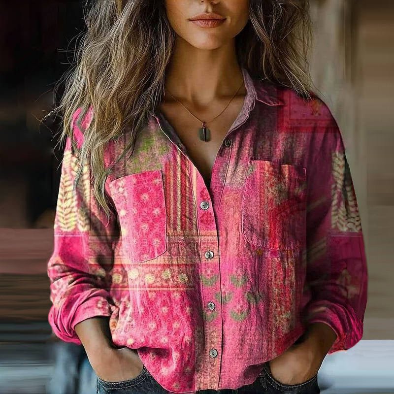 Women's Bohemian Paisley Print Button-Down Long Sleeve Blouse - Pink