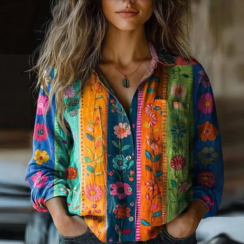 Women's Bohemian Paisley Print Button-Down Long Sleeve Blouse - Multicolored
