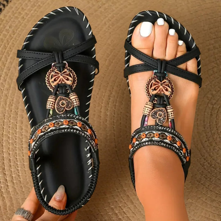 Women's Boho Beaded Flat T-Strap Elastic-Heel Summer Sandals - Black