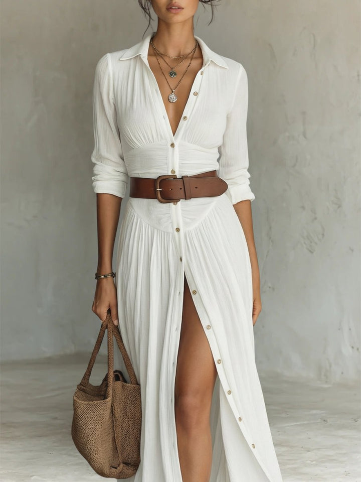 Women's Boho Button-Front Belted Maxi Shirt Dress
