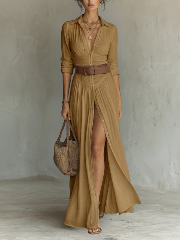 Women's Boho Button-Front Belted Maxi Shirt Dress - Brown