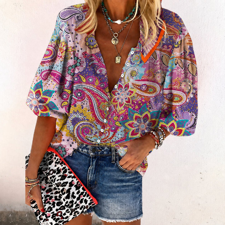 Women's Boho Floral Print V-Neck Long Sleeve Button-Down Blouse - Pink
