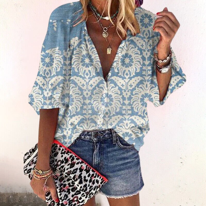 Women's Boho Floral Print V-Neck Long Sleeve Button-Down Blouse - Blue