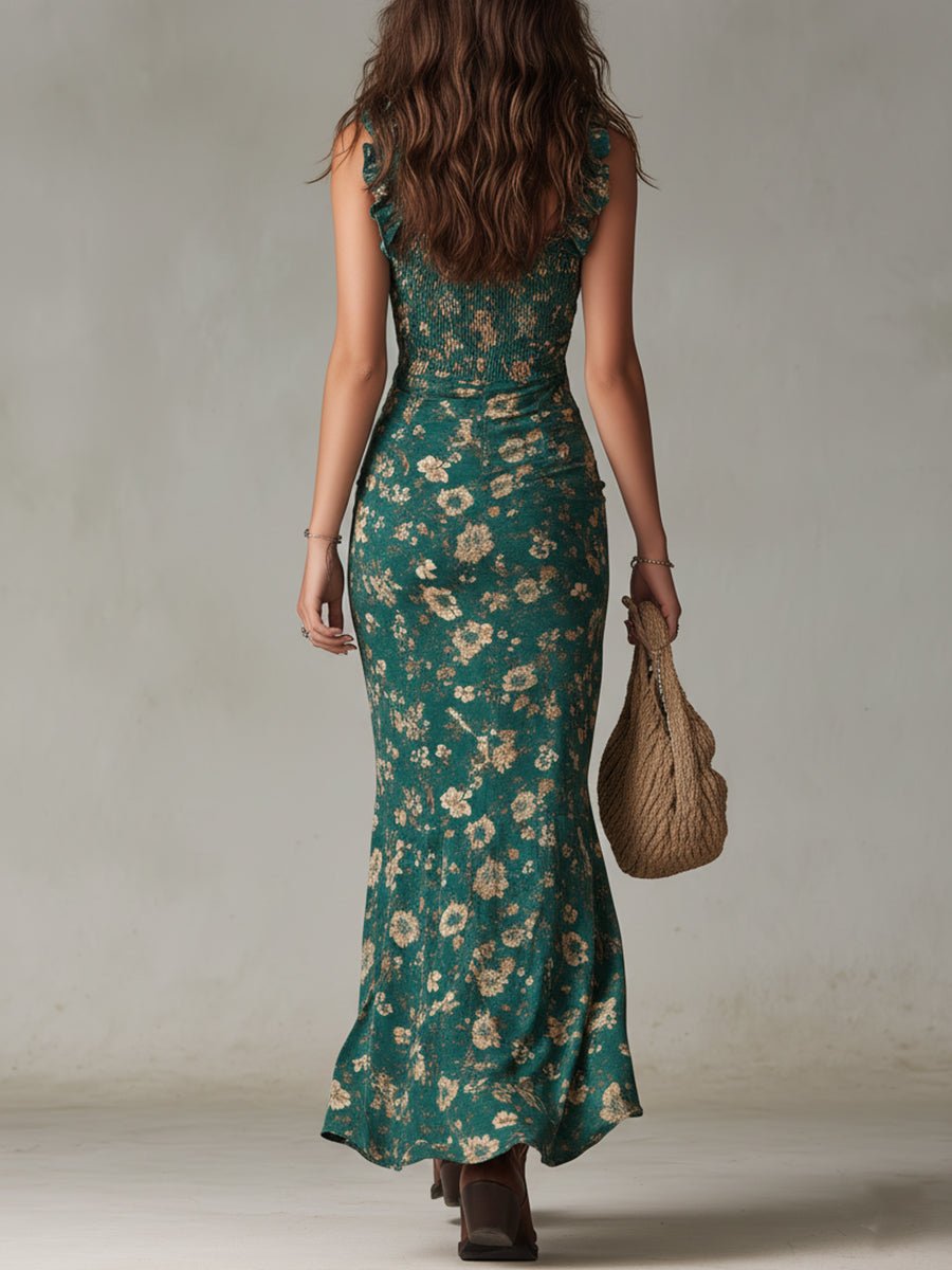 Women's Boho Floral Smocked Sleeveless Maxi Dress