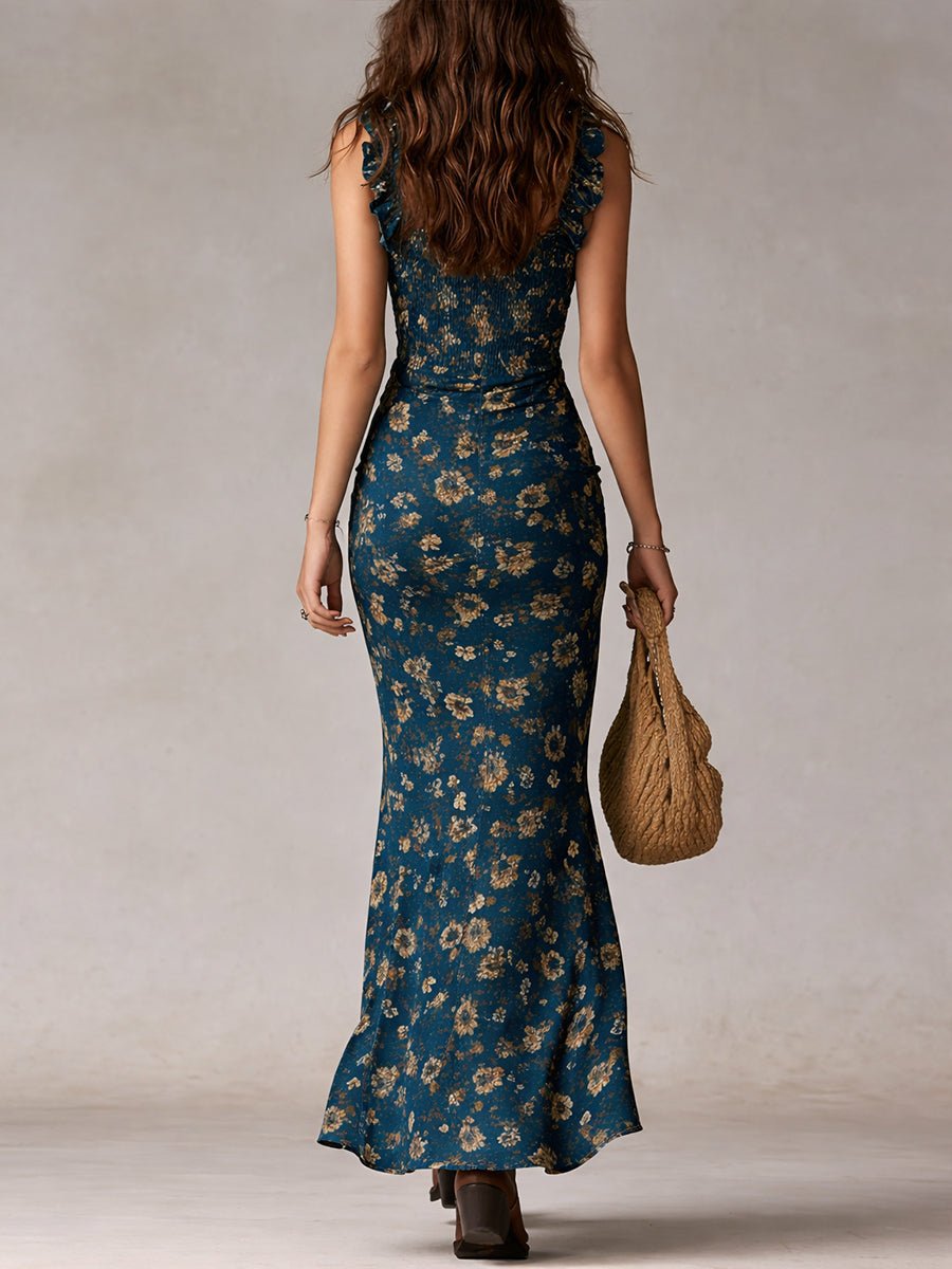 Women's Boho Floral Smocked Sleeveless Maxi Dress
